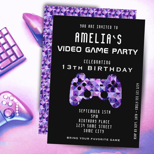 Videospiel Party Lila Controller Gaming Geburtstag Einladung