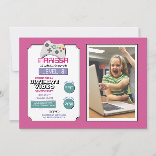 Videospiel-Party-Spiel-Rosa-Foto-Mädchen-Spiel Einladung (Vorderseite)