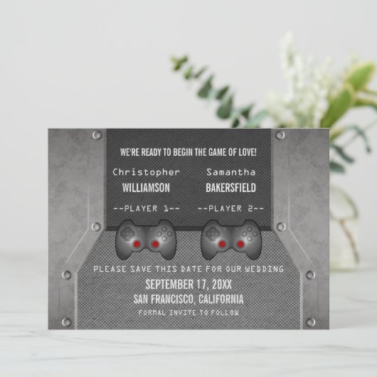 Videospiel Save the Date einladen, grau (Stehend Vorderseite)