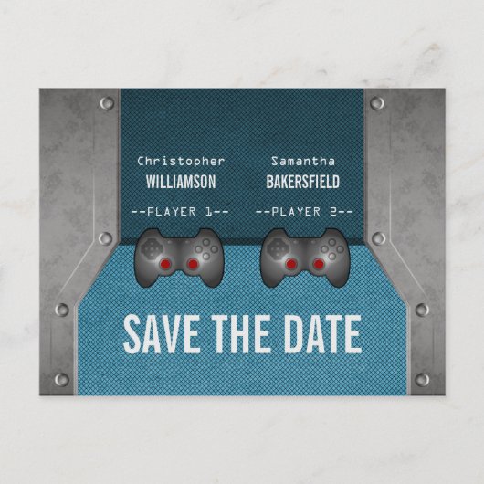Videospiel Save the Date Postkarte, blau Ankündigungspostkarte (Vorderseite)