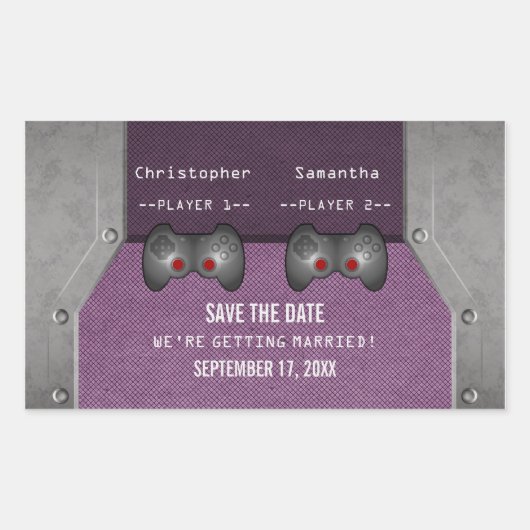 Videospiel Save the Date Sticker, Lila Rechteckiger Aufkleber (Vorderseite)