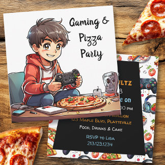 Videospiel und Pizza Party Boy's Geburtstag Einladung