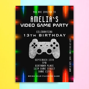 Videospielcontroller Neon Gaming Geburtstag Einladungspostkarte