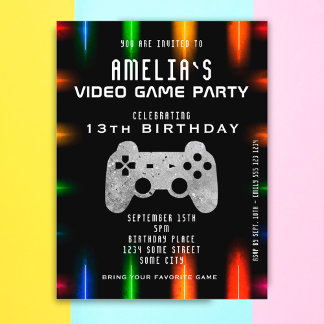 Videospielcontroller Neon Gaming Geburtstag Einladungspostkarte
