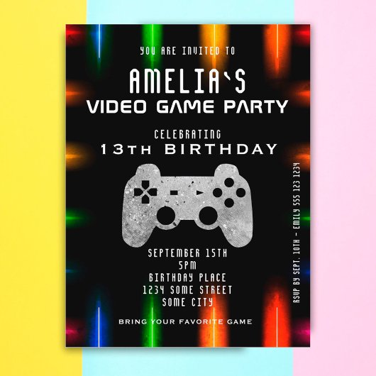 Videospielcontroller Neon Gaming Geburtstag Einladungspostkarte