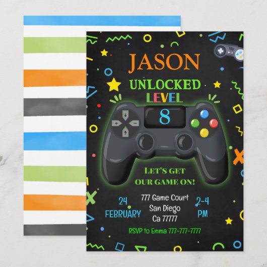 Videospiele Einladung zum Geburtstag (Vorne/Hinten)