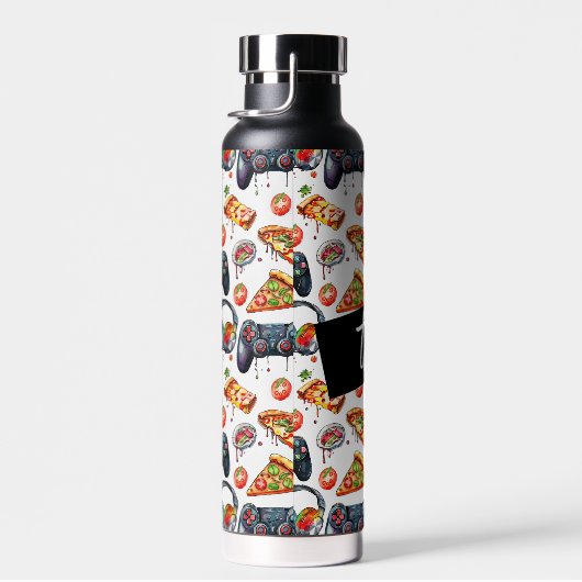 Videospiele und Pizza Mit Monogramm Trinkflasche (Rechts)
