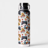 Videospiele und Pizza Mit Monogramm Trinkflasche (Rückseite)