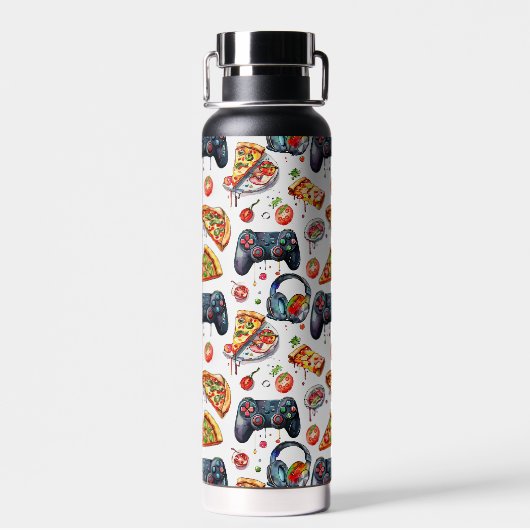 Videospiele und Pizza Mit Monogramm Trinkflasche (Rückseite)