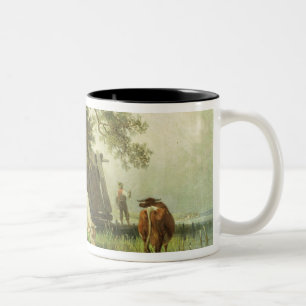Vieh, das in einer Fluss-Landschaft wässert Zweifarbige Tasse