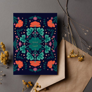 Viel Glück-Klee und Blume dunkelblau Karte