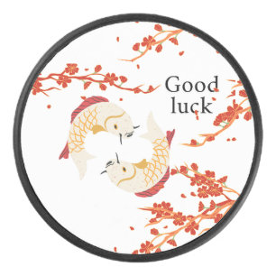 Viel Glück Koi Fisch mit Sakura   Elegant Japanisc Eishockey Puck