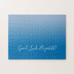 Viel Glück Name Skript für Blue Gradient Funny Puzzle<br><div class="desc">Das Jigsaw-Puzzle mit hellblauer bis dunkelblauer Farbskala enthält "Viel Glück,  [NAME]" in einem Schriftart mit weißem Skript am unteren Rand. Personalisieren Sie den lustigen Text in der Sidebar. Das ist ein großartiges Geschenk für jemanden,  der eine Herausforderung Liebe. Copyright ©Claire E. Skinner. Alle Rechte vorbehalten.</div>