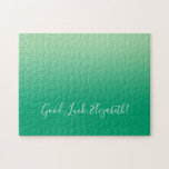 Viel Glück Name Skript für Green Gradient Funny Puzzle<br><div class="desc">Das Jigsaw-Puzzle mit hellgrünem bis dunkelgrünem Gradienten enthält "Viel Glück,  [NAME]" in einem Schriftart mit weißem Skript am unteren Rand. Personalisieren Sie den lustigen Text in der Sidebar. Das ist ein großartiges Geschenk für jemanden,  der eine Herausforderung Liebe. Copyright ©Claire E. Skinner. Alle Rechte vorbehalten.</div>