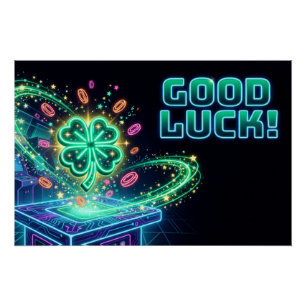"VIEL GLÜCK!" Neon-Arcade mit Vierblattklee Poster