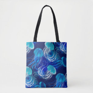 Viele blaue Quallen schwimmen unter Wasser. Nahtlo Tasche