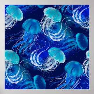 Viele blaue Quallen schwimmen unter Wasser. Seamle Poster