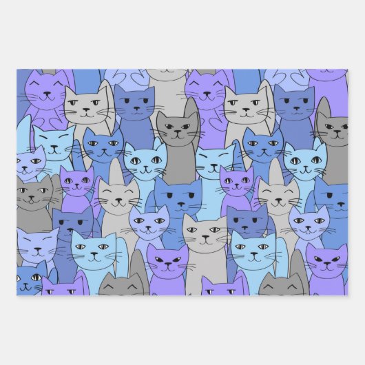 Viele blaue und Lila Katzen Geschenkpapier Set (Vorderseite 3)