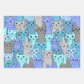 Viele blaue und Lila Katzen Geschenkpapier Set (Vorderseite)