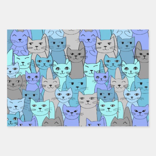 Viele blaue und Lila Katzen Geschenkpapier Set (Vorderseite)