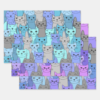 Viele blaue und Lila Katzen Geschenkpapier Set