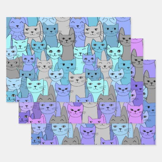 Viele blaue und Lila Katzen Geschenkpapier Set (Set)