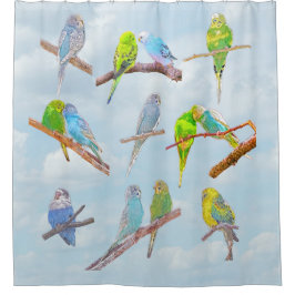 Viele bunte Parakets - niedliche kleine Vögel Duschvorhang