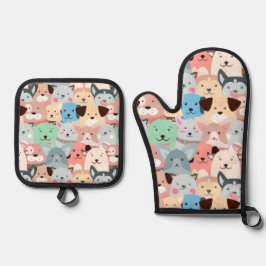 Viele farbenfrohe Hunde Design Ofenhandschuh & Topflappen-Set