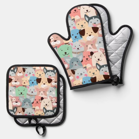 Viele farbenfrohe Hunde Design Ofenhandschuh & Topflappen-Set (Vorderseite/Rückseite)