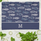 Viele Fish Pattern Blue Monogram Geschirrtuch (Gefaltet)