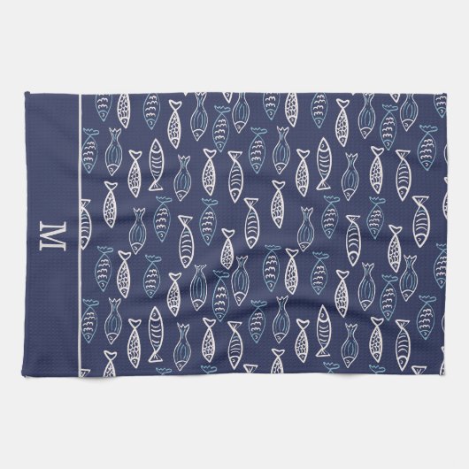 Viele Fish Pattern Blue Monogram Geschirrtuch (Horizontal)