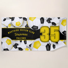 Viele Fußball-Kugeln schwarz Gold Mannschaftsgesch Strandtuch