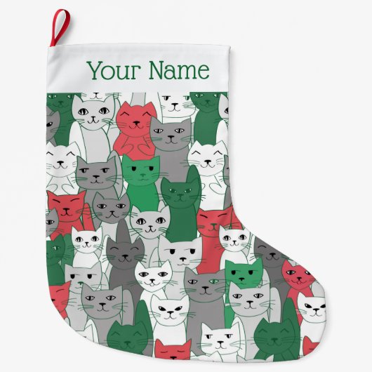 Viele Green Red Cats Design Weihnachts-Strumpf Großer Weihnachtsstrumpf (Vorderseite)