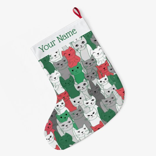 Viele Green Red Cats Design Weihnachts-Strumpf Großer Weihnachtsstrumpf (Rückseite (Hängend))