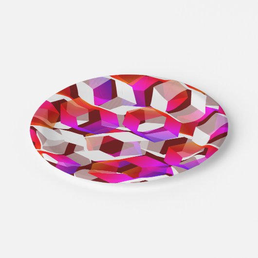 Viele Hexagons mit dunkelrotem Hintergrund Pappteller (Schrägansicht)