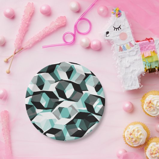 Viele Hexagons mit farblosen Teilen, auf leicht aq Pappteller (Party)