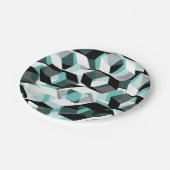 Viele Hexagons mit farblosen Teilen, auf leicht aq Pappteller (Schrägansicht)