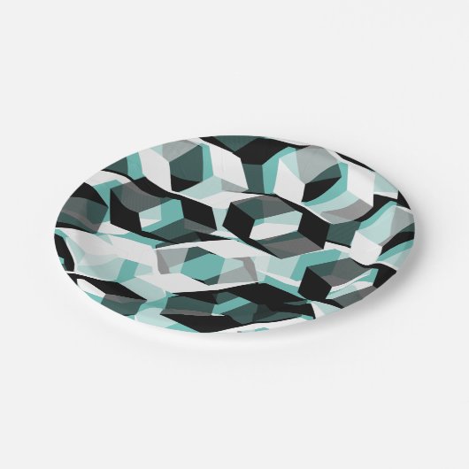 Viele Hexagons mit farblosen Teilen, auf leicht aq Pappteller (Schrägansicht)