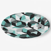 Viele Hexagons mit farblosen Teilen, auf leicht aq Pappteller (Schrägansicht)