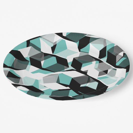 Viele Hexagons mit farblosen Teilen, auf leicht aq Pappteller (Schrägansicht)