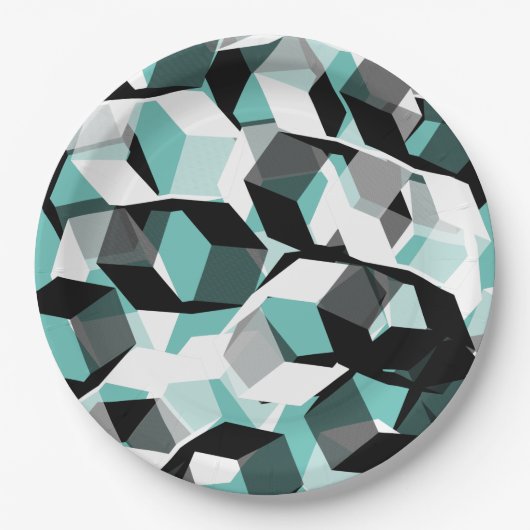 Viele Hexagons mit farblosen Teilen, auf leicht aq Pappteller (Vorderseite)