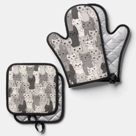 Viele Schwarz-Weiß-Katzen-Design Ofenhandschuh & Topflappen-Set