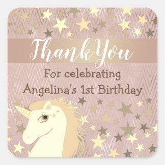 Vielen Dank 1. Geburtstag Pink und Gold Stars Unic Quadratischer Aufkleber