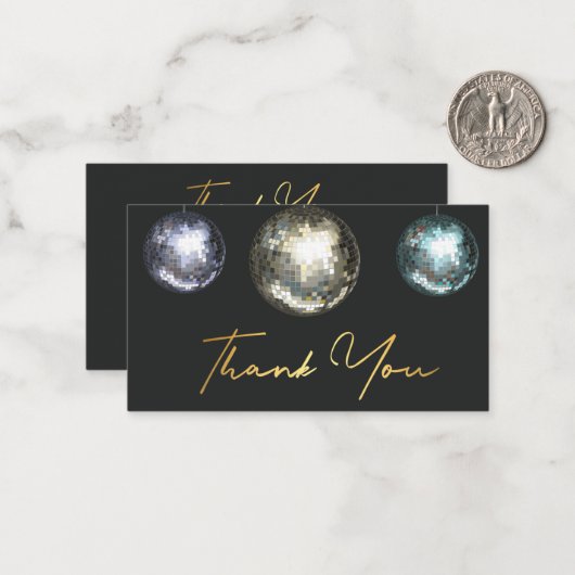 Vielen Dank 3 Disco Kugeln schwarz Gold Hochzeitss Mitteilungskarte (Vorderseite/Rückseite Beispiel)