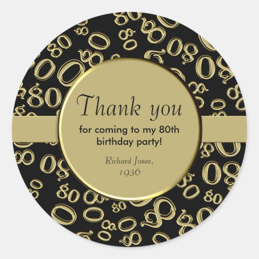 Vielen Dank: 80. Zahlenmuster Gold und Schwarz Runder Aufkleber (Vorderseite)