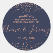 Vielen Dank an Rose Gold und Navy Blue Confetti St Runder Aufkleber (Vorderseite)