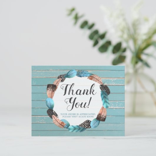 Vielen Dank an Rustic Türkise Wood Feather Arrow B Postkarte (Stehend Vorderseite)