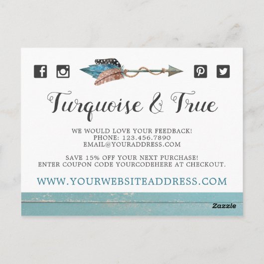 Vielen Dank an Rustic Türkise Wood Feather Arrow B Postkarte (Rückseite)