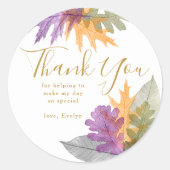 Vielen Dank Autumn Leaves Elegantes Gold Script Runder Aufkleber (Vorderseite)