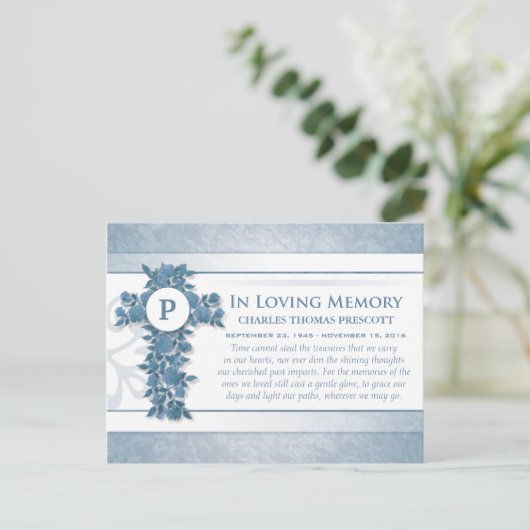 Vielen Dank Beileid Blue Floral Cross Post Card Postkarte (Stehend Vorderseite)